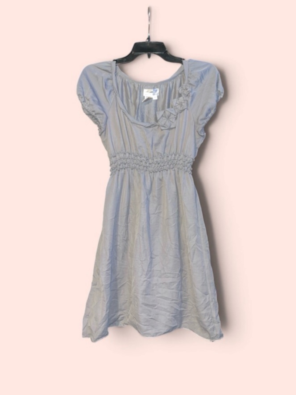 Vintage Smocked Waist Light Gray Mini Dress with Puff Sleeves